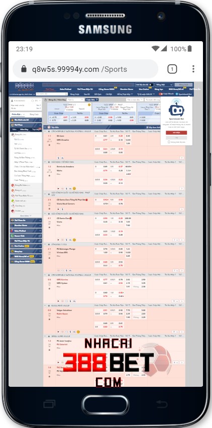 Giao diện đặt cược thể thao tại nhà cái Bong88 trên Samsung Galaxy S6
